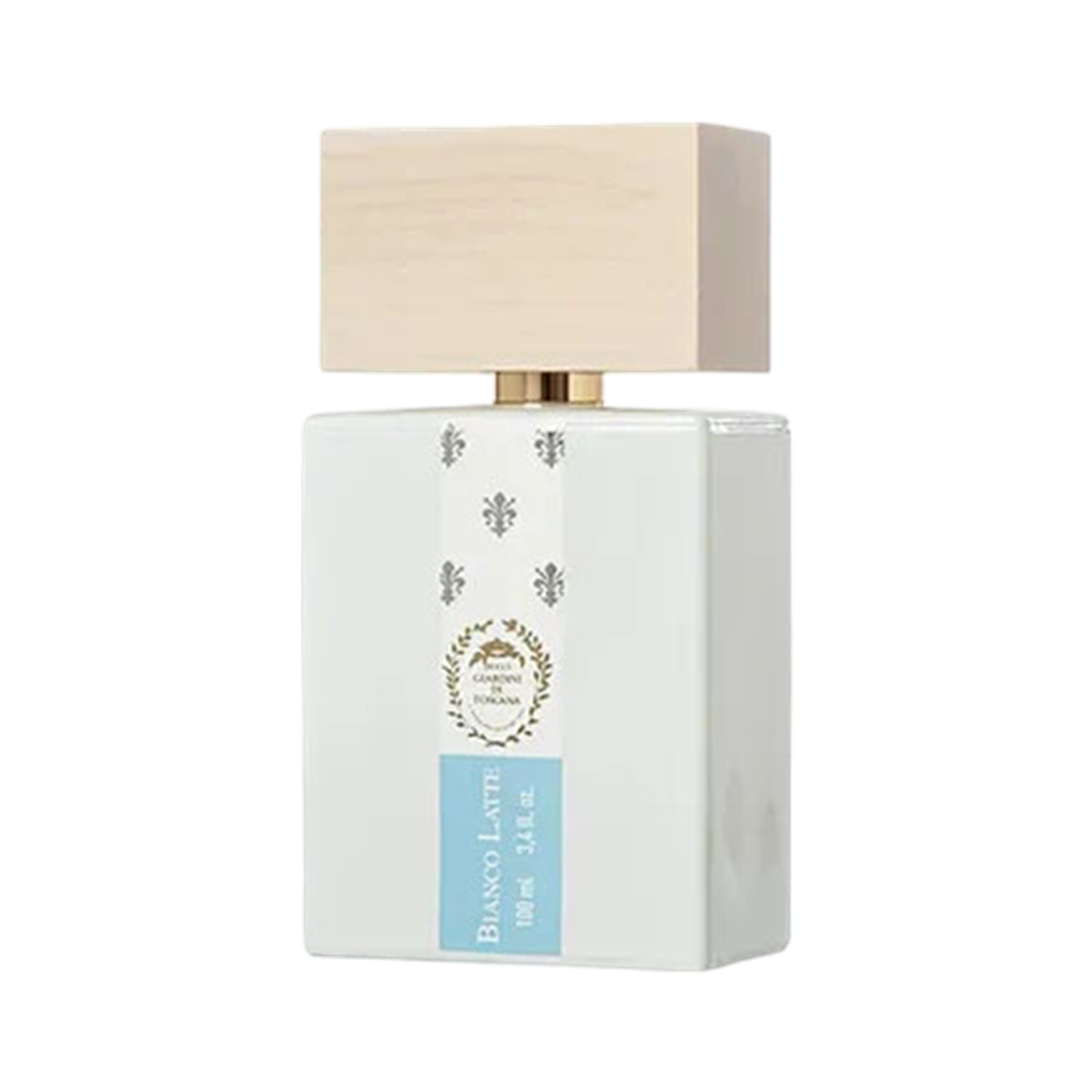 A square-shaped white bottle of Giardini di Toscana Bianco Latte Eau de Parfum